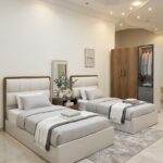 Modern children's bedroom set made of natural wood.