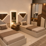 Modern children's bedroom set made of natural wood.