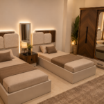 Modern children's bedroom set made of natural wood.