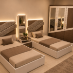 Modern children's bedroom set made of natural wood.
