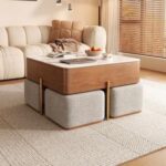 Coffee table + 4 poufs made of beech wood